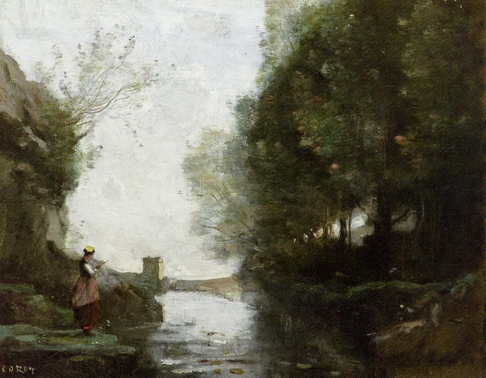 Jean-Baptiste-Camille Corot Watercourse leading to the square tower